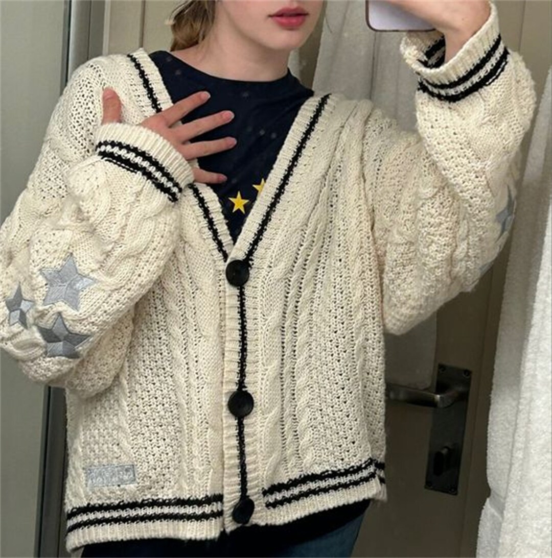 Folk Cardigan Star Embroidered Merchandise Oversized Cute Hand - Etsy | Etsy (US)
