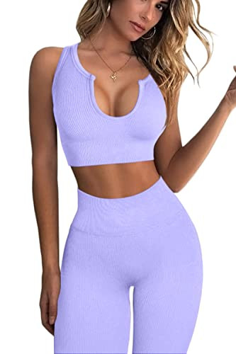 QINSEN Workout Sets for Women 2 Piece Ribbed Seamless Notch Neckline Padded Sport Bra High Waist Leggings GMY Yoga Outfit Light Purple M | Amazon (US)