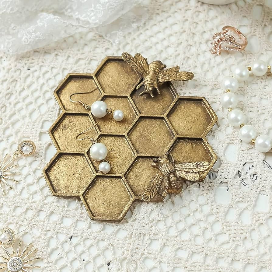 SOFFEE DESIGN Vintage Jewelry Tray Honeycomb Shape with Lovely Bees, Rustic Gold Jewelry Organize... | Amazon (US)