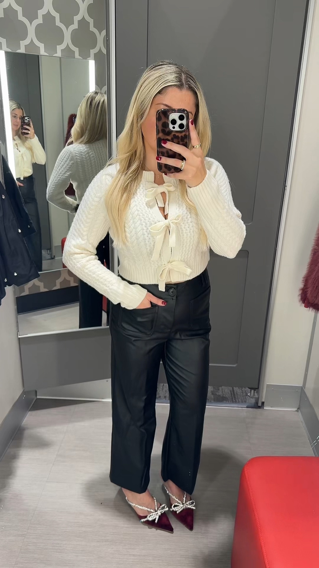 Target holiday outfit!
Bow cardigan med
Faux leather pants 4
Heels tts
Christmas outfit 

#LTKHoliday