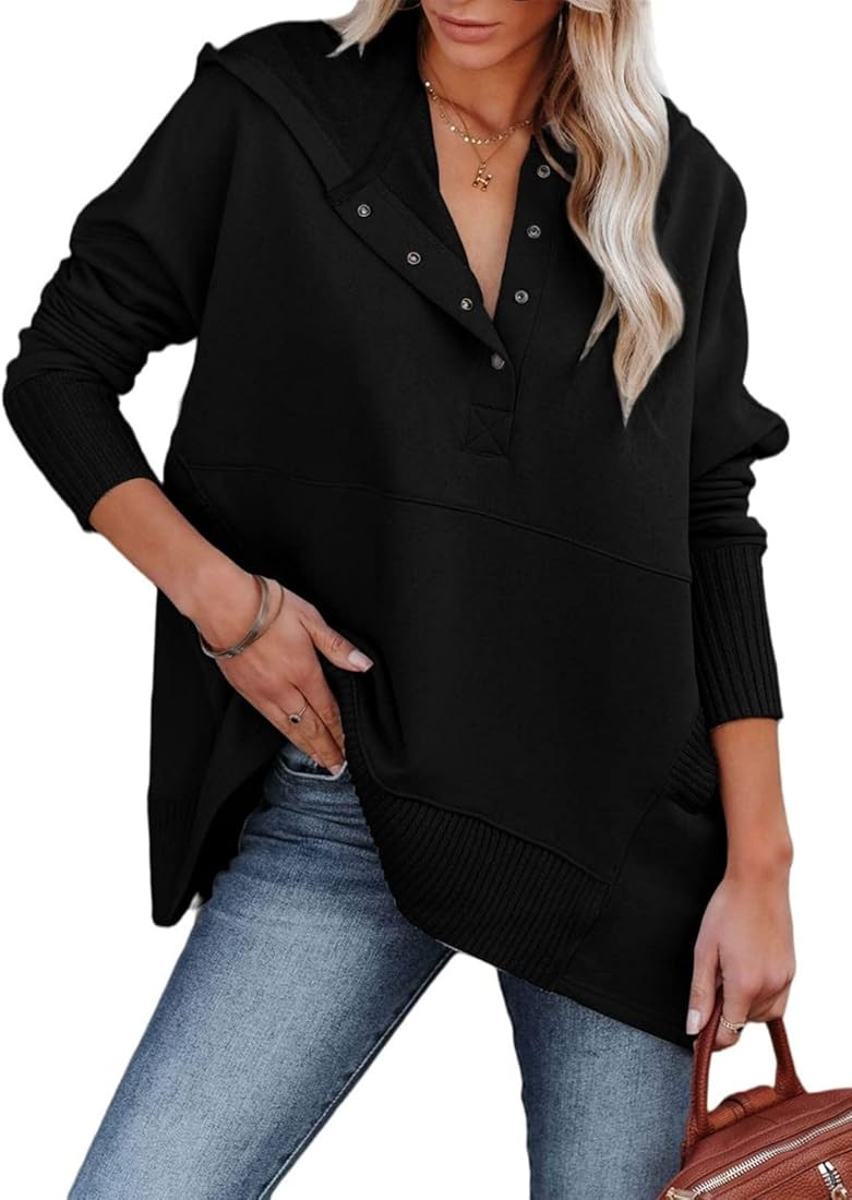 Zwurew Women Casual Henley Hoodie Pullover V Neck Oversize Sweatshirt with Pocket | Amazon (US)
