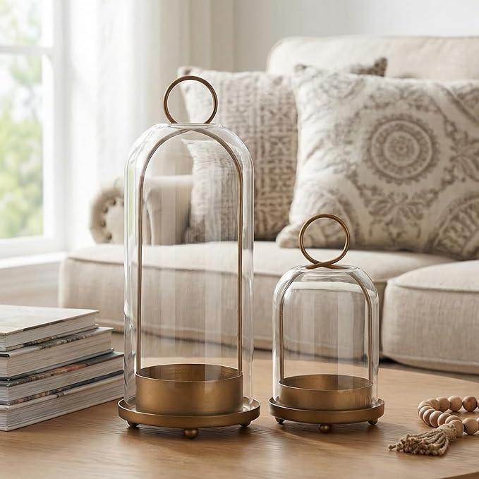 Metal Candle Holder with Handmade Glass Dome in Brass, 5" & 4" Wide Versatile Hurricane Glass Can... | Amazon (US)