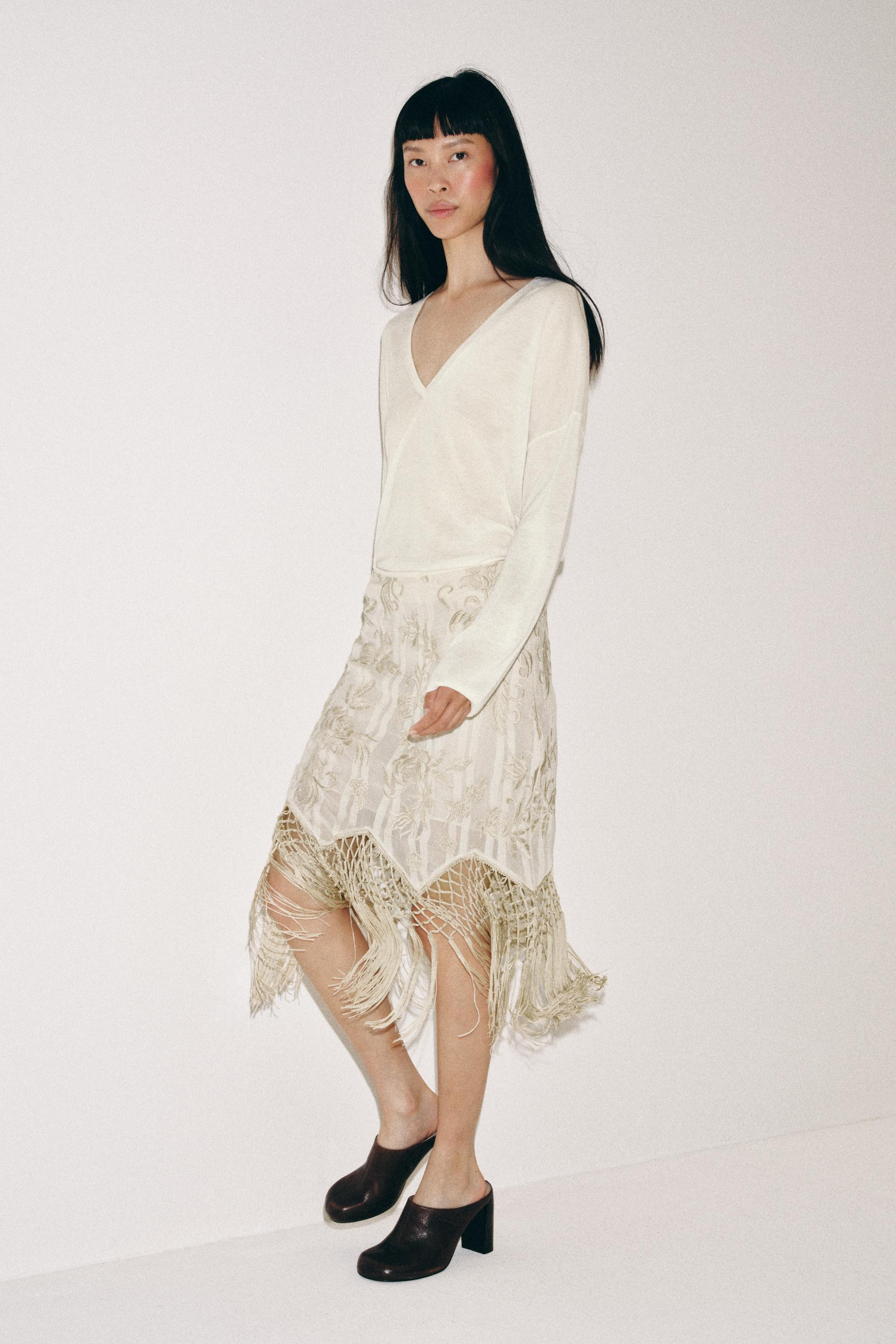 ZW COLLECTION EMBROIDERED FRINGED SKIRT | Zara US