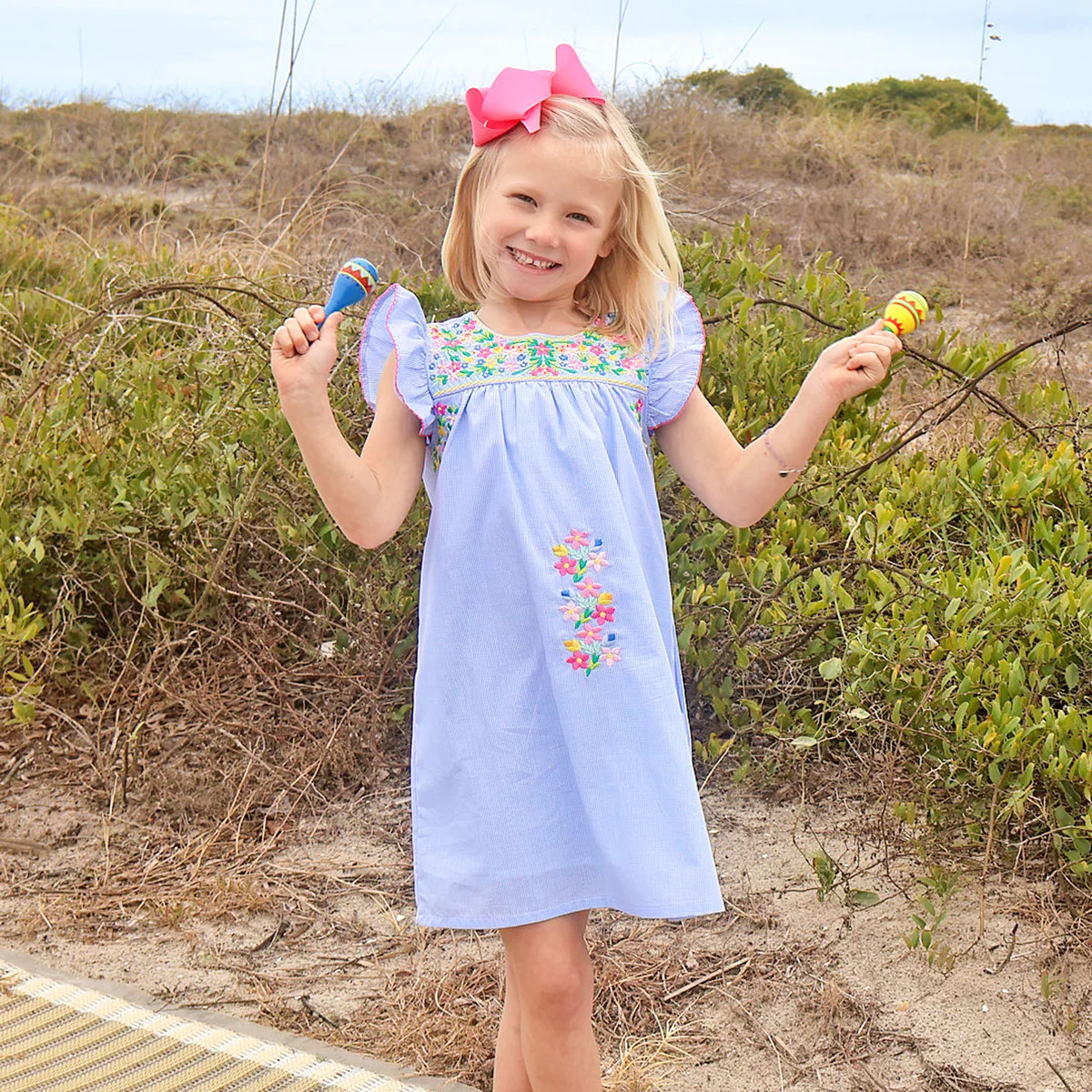 Colorful Embroidered Blue Gingham Beach Dress | Classic Whimsy