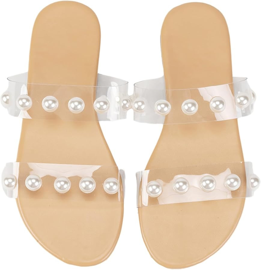 Verdusa Women's Transparent Strap Pearl Sandals Summer Slippers Open Toe Flat Slides Sandals | Amazon (US)