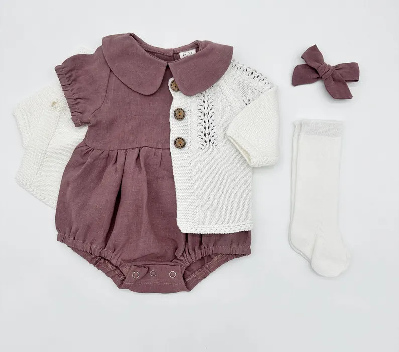 Baby Girl Plum Linen Romper | Peter Pan Collar, Bow Option - Etsy Canada | Etsy (Global)