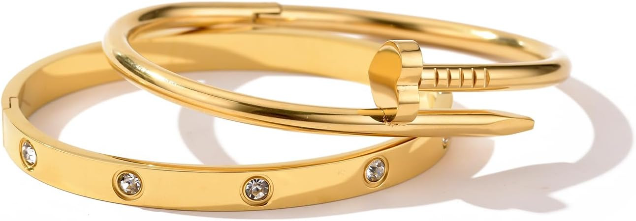 18K Gold Plated Love Nail Bangle Bracelet Set Stackable Stainless Steel Bangle Set for Love Trend... | Amazon (US)
