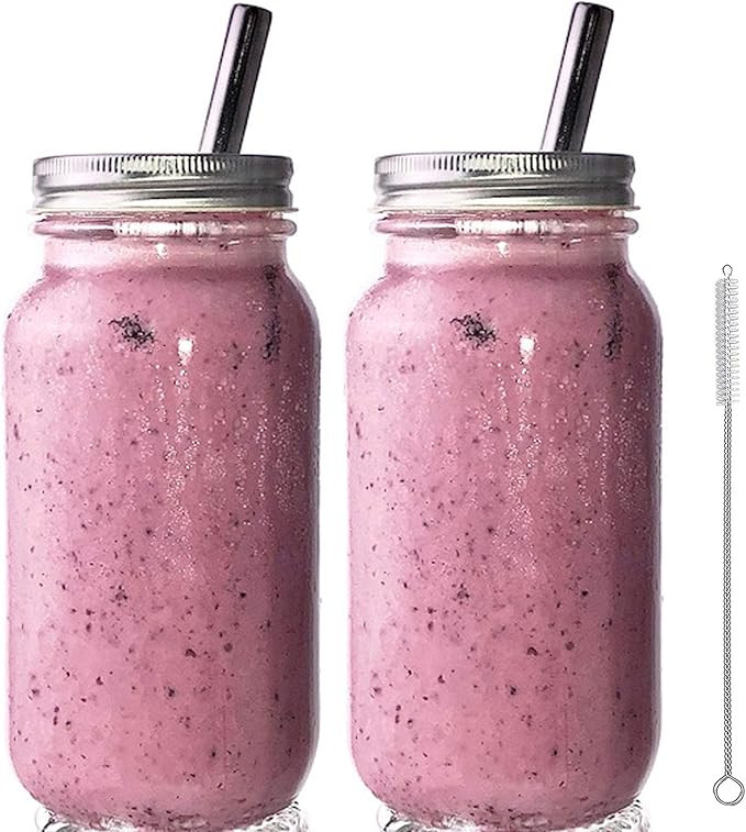 Smoothie Cups Mason Drinking Jar Regular Mouth Glass Mason Jars 24oz Smoothie Cups with Lid and S... | Amazon (US)
