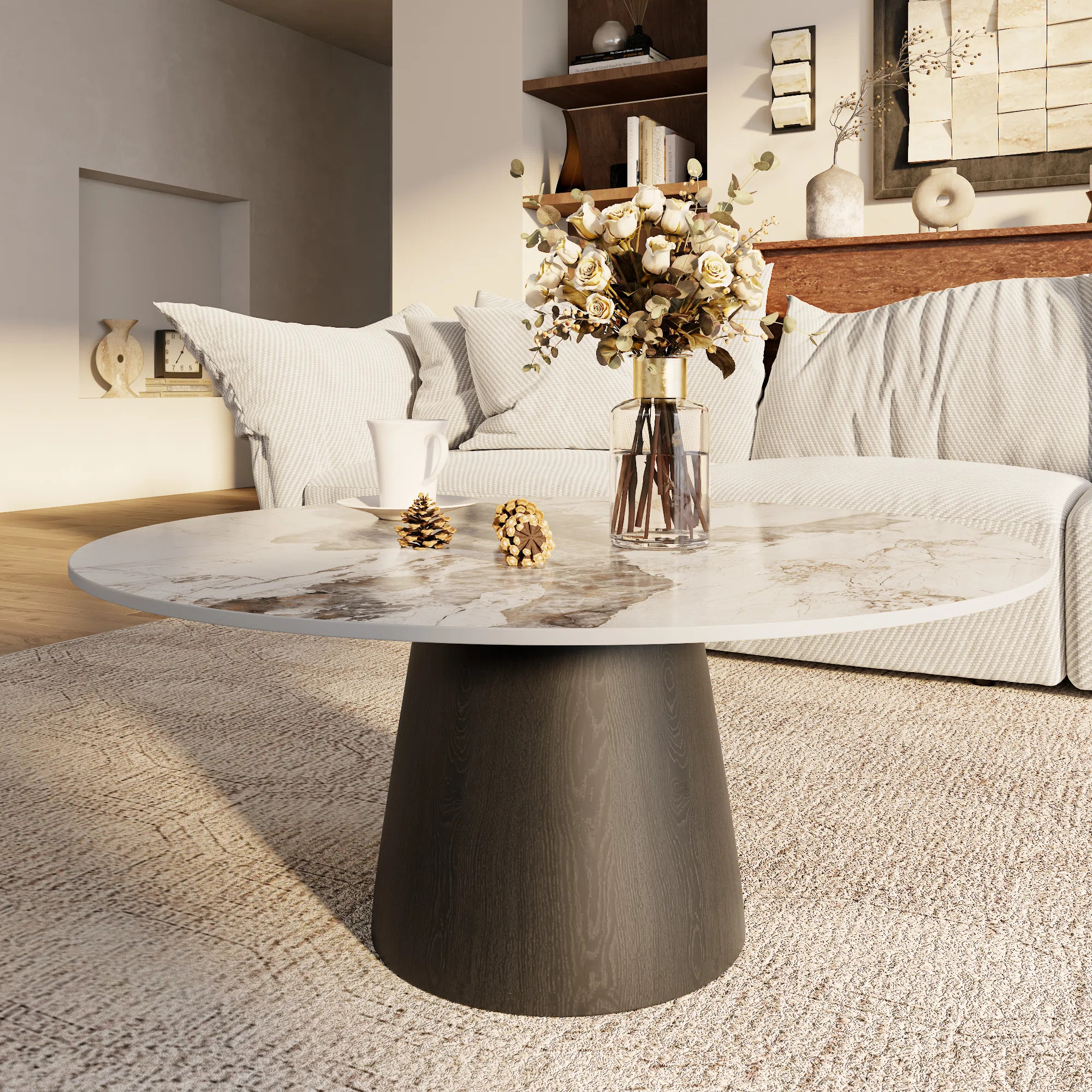 Mid-Century Modern Round Coffee Table Stone Marble Effect Wooden Pedestal Table For Living Room &... | Wayfair North America