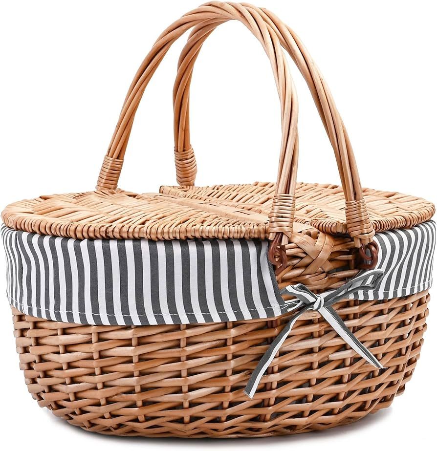 Wicker Picnic Basket with Lid and Handle Sturdy Woven Body with Washable Lining,Grey Stripe | Amazon (US)