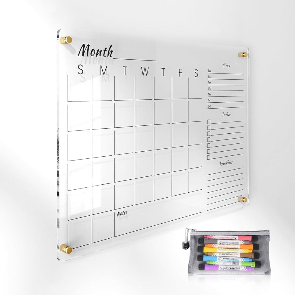 24x16" Clear Acrylic Wall Calendar with Dry Erase Surface, Monthly Planner Board, Includes Colorf... | Amazon (US)