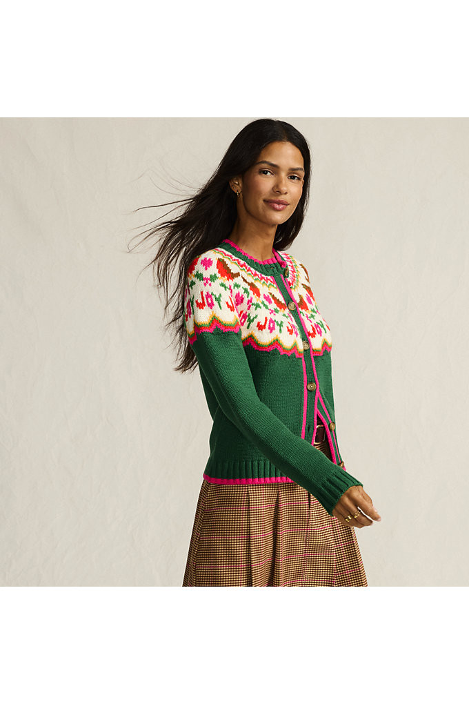 Women's Petite Lofty Fair Isle Cardigan Sweater - Lands' End - Green - L | Lands' End (US)