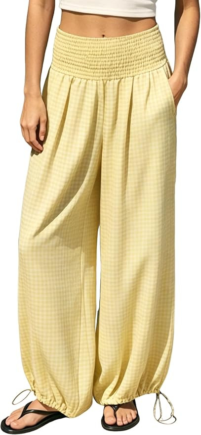 EsheSy Womens Casual Wide Leg Plaid Pants Gingham Elastic Smocked Waist Drawstring Hem Lounge Tro... | Amazon (US)