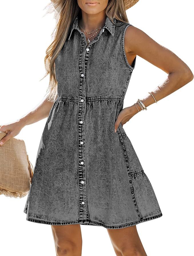 LookbookStore Denim Dress for Women Sleeveless Babydoll Button Down Short Jean Dresses Cute Summe... | Amazon (US)