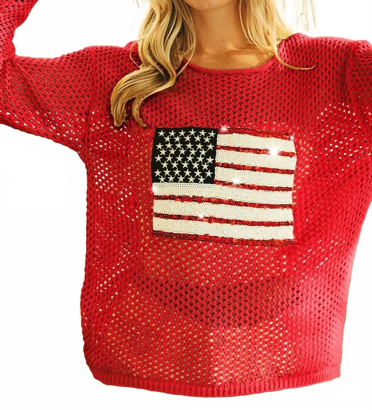 Sequin American Flag Patch Open Knit Cover Up In Red | Shop Simon