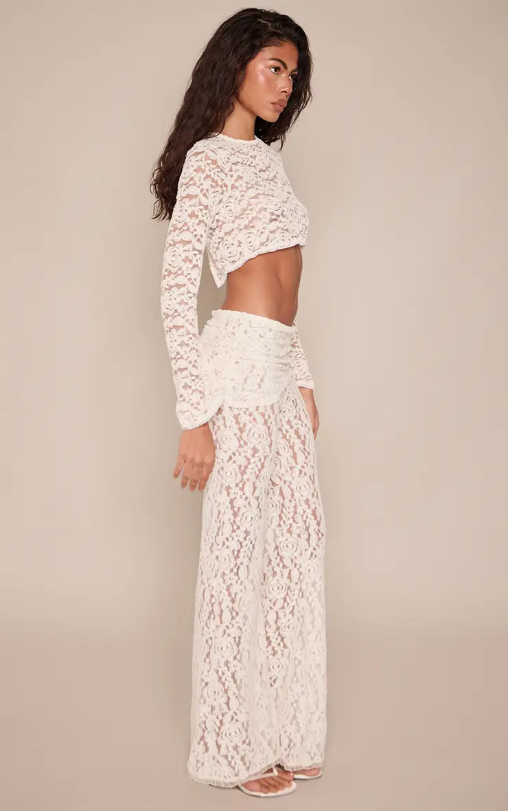 Cream Lace Ruched Overlay Flared Trousers Co-ord | PrettyLittleThing UK