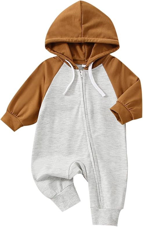HnuanLui Newborn Baby Boy Zip Up Hoodie Jumpsuit Color Block Long Sleeve Hooded Romper Coverall O... | Amazon (US)