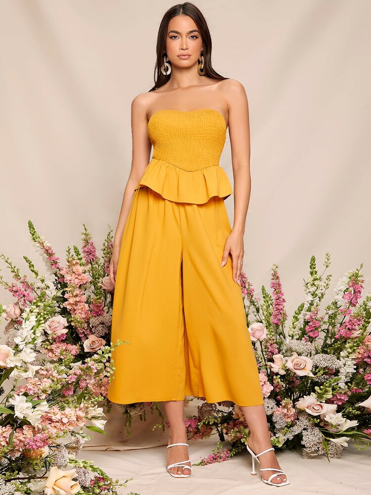 SHEIN Shirred Ruffle Hem Tube Top & Palazzo Pants Set | SHEIN