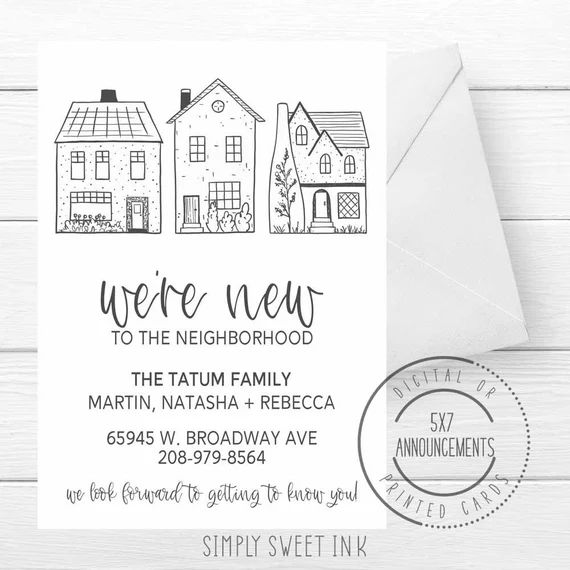 We're new to the neighborhood announcement card, personalized meet neighbors card, doodle houses ... | Etsy (US)