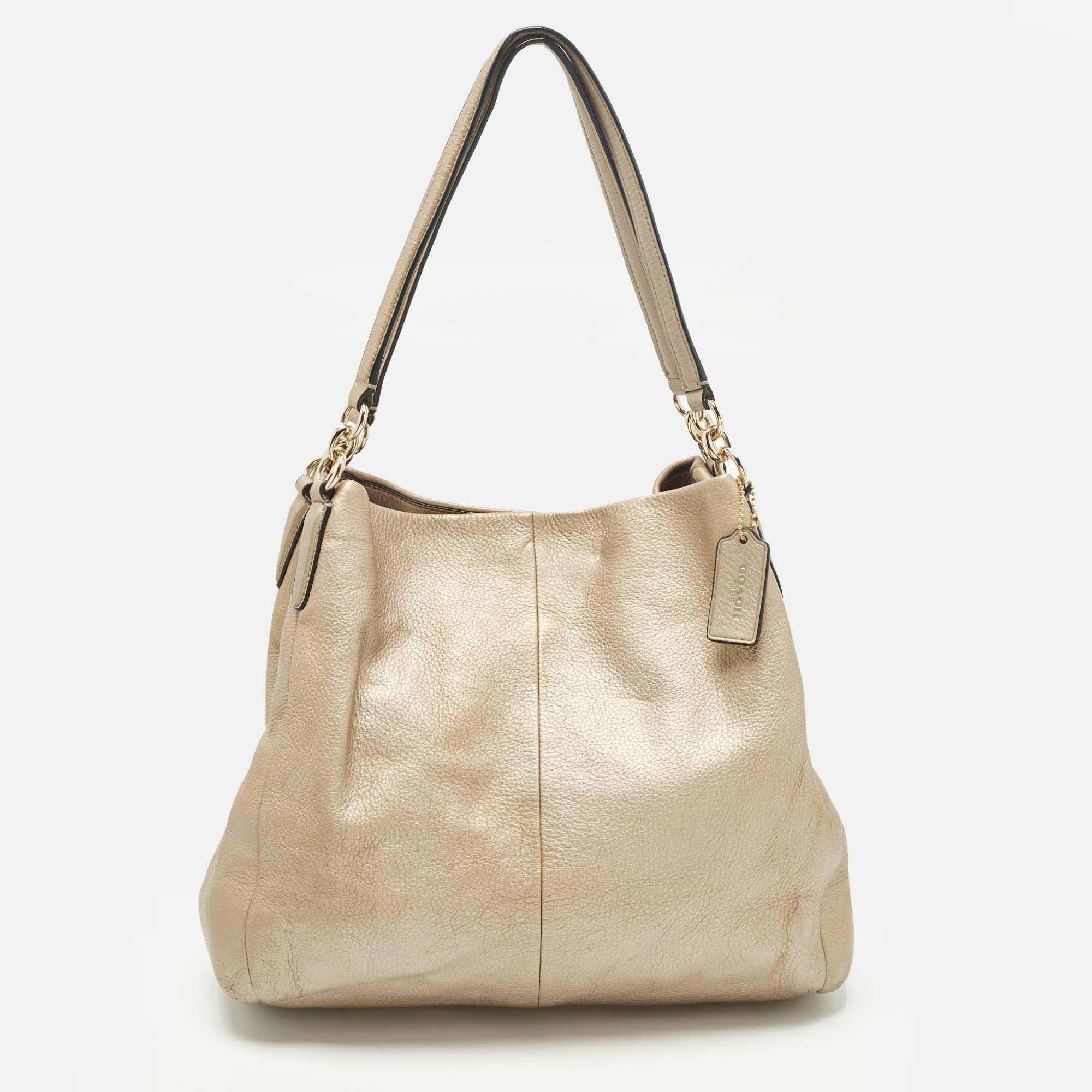 Coach Madison Phoebe Metallic Beige Leather Shoulder Bag | Shop Simon
