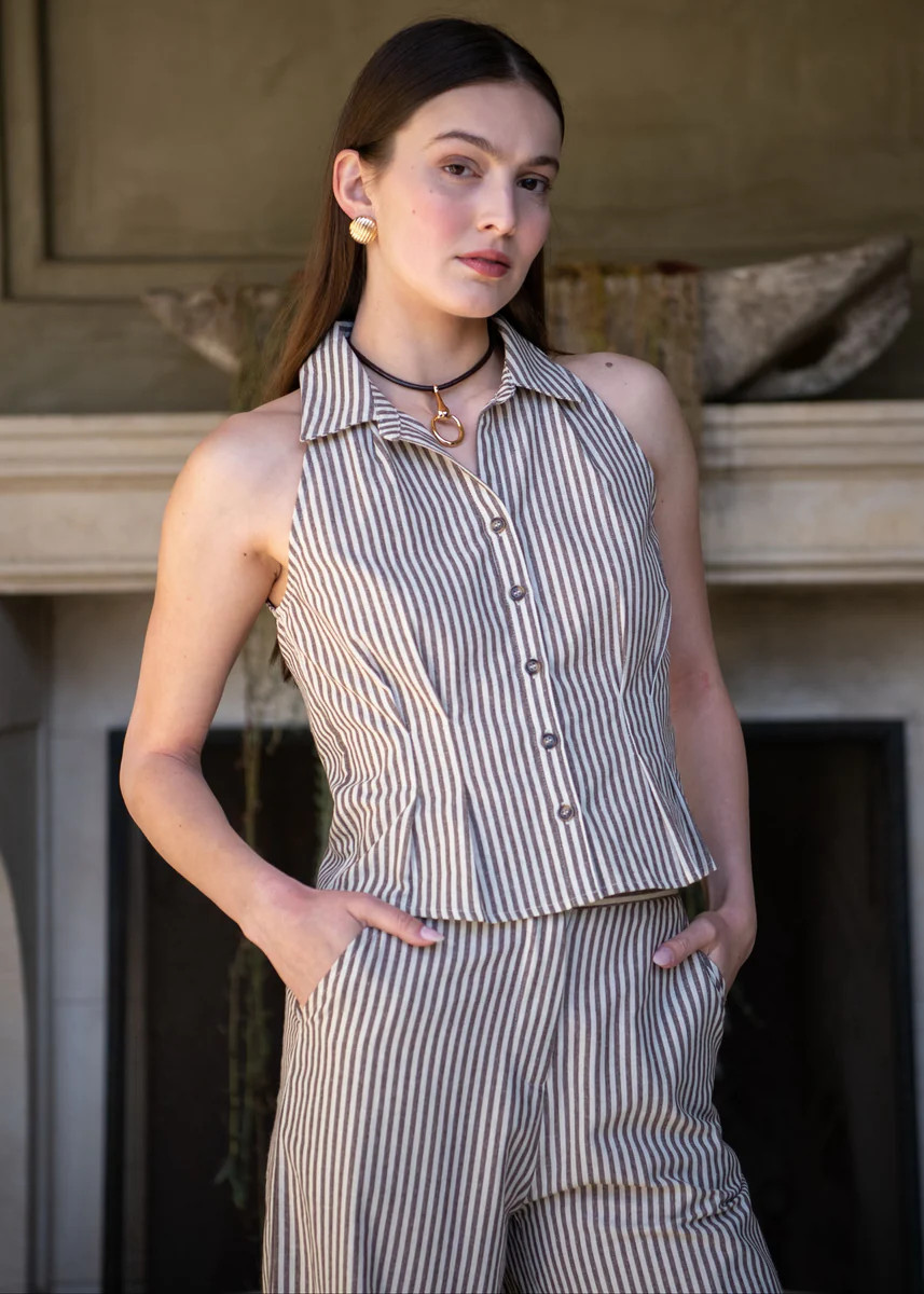 Brynn Striped Brown and Cream Collared Blouse | Benaar La