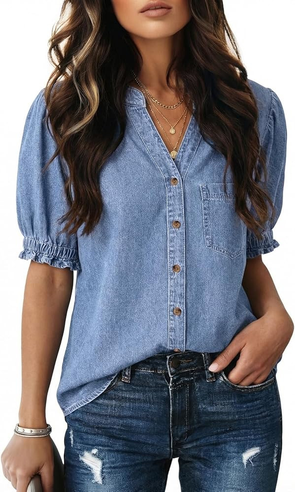 Dokotoo Women Denim Shirt Button Down Casual Short Sleeve V Neck Blouse Summer Tops | Amazon (US)