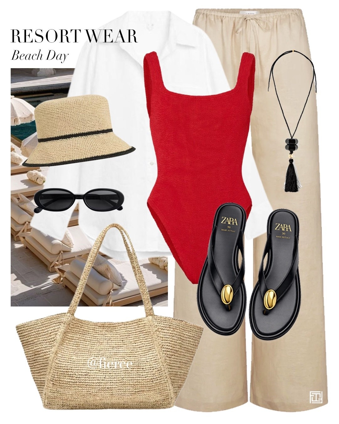 Red swimsuit beige linen trousers raffia bucket hat resort wear beach holiday

#LTKuk #LTKsummer #LTKtravel