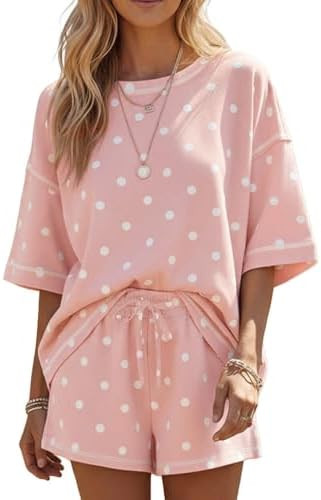 Polka Dot Two Piece Set for Women Short Sleeve Pullover Top Shorts Lounge Set Summer Casual Match... | Amazon (US)