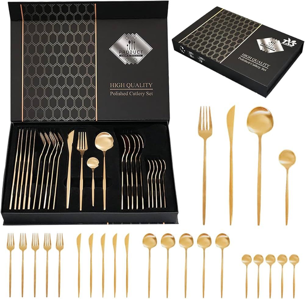 24-Piece Gold Silverware Set Gold Utensils Set for 6, Gold Spoons and Forks Set, Stainless Steel ... | Amazon (US)