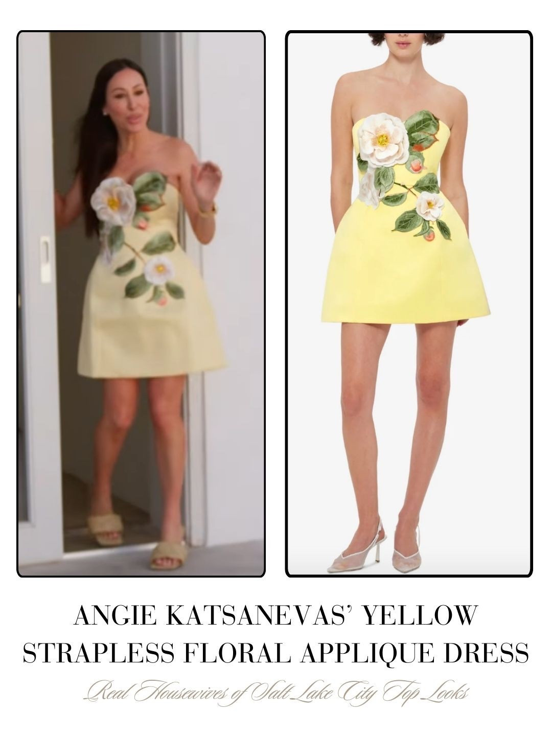 Angie Katsanevas’ Yellow Strapless Appliqué Dress 
