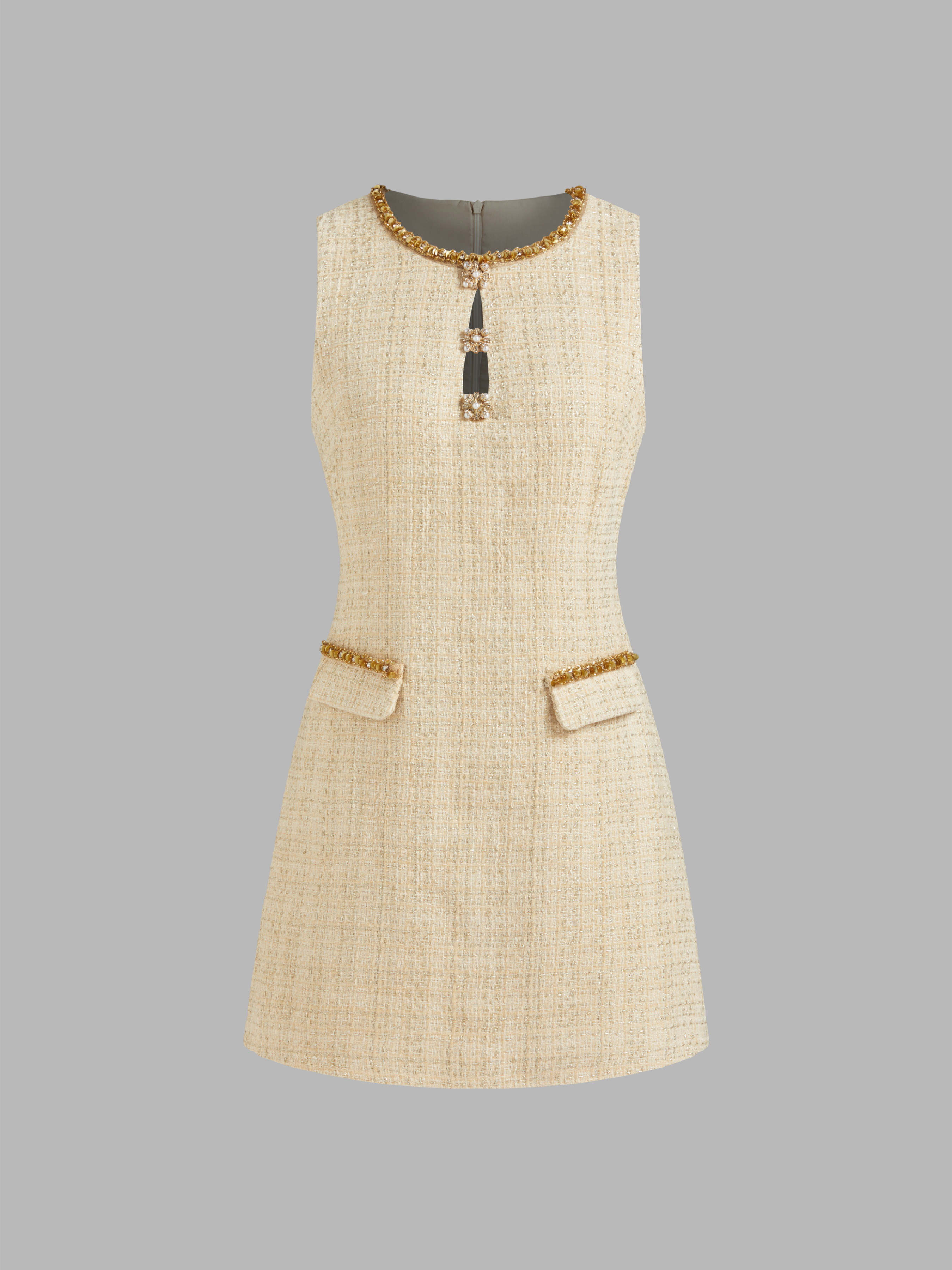 Tweed Tweed Round Neckline Pearl Button Sequin Rhinestone Trim Cut Out Mini Dress For Date Party/... | Cider
