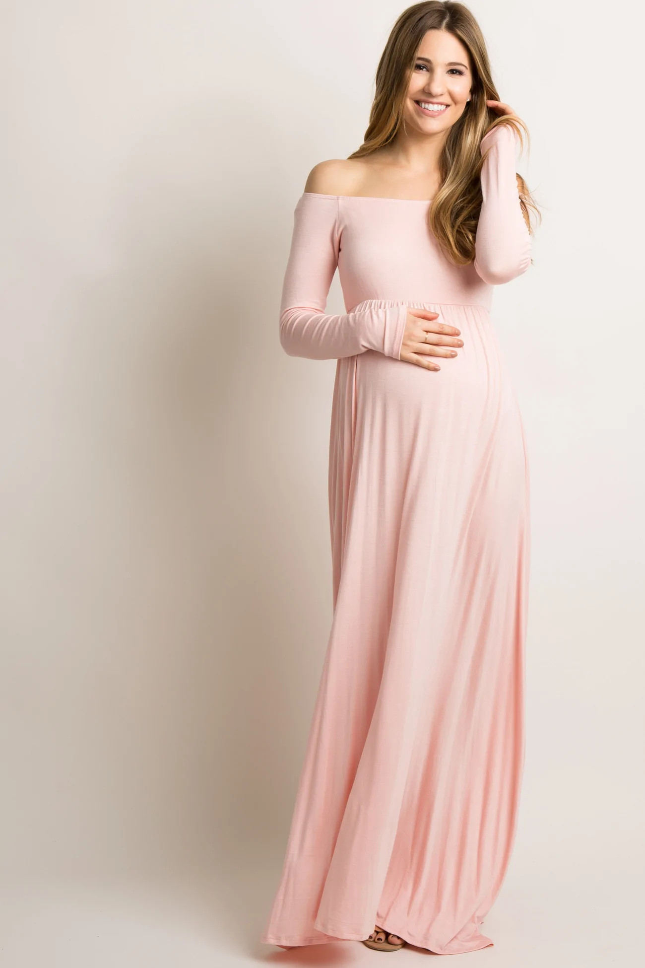 PinkBlush Petite Ivory Solid Off Shoulder Maternity Maxi Dress | PinkBlush Maternity