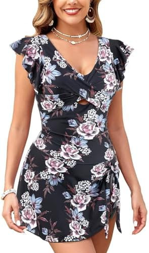 Women's One Piece Swimdress Swimsuit Tummy Control Ruffle Swim Dress Skirt Criss Cross Tie Back B... | Amazon (US)