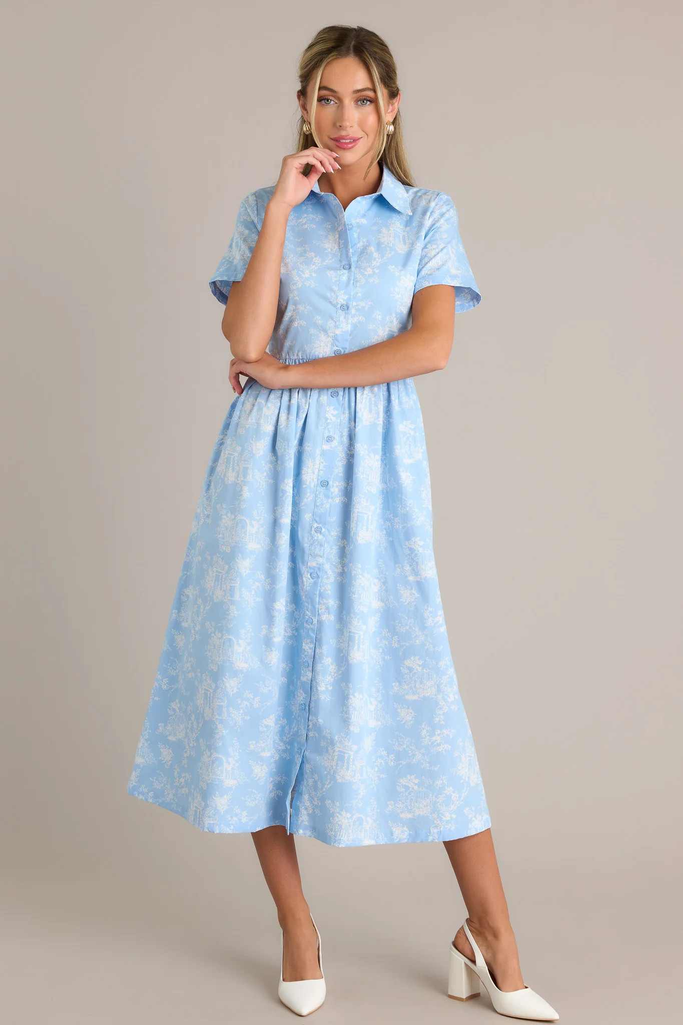 Believe It 100% Cotton Light Blue Toile Midi Dress | Red Dress