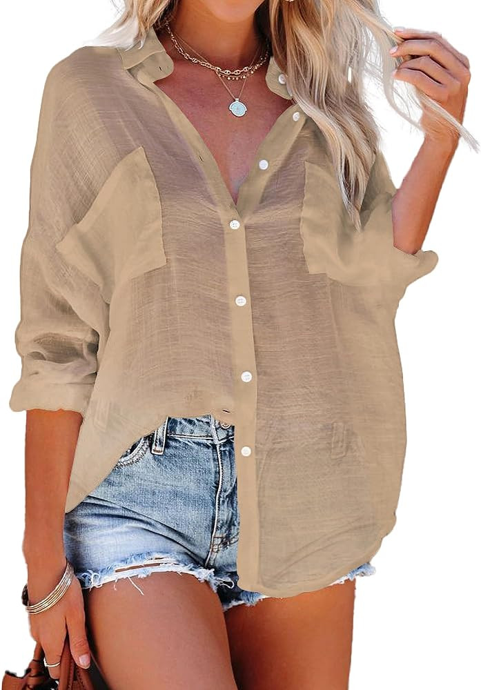 Bsubseach Button Down Swim Cover Up Shirt Sexy Long Sleeve Beach Blouse Bathing Suit Cover Ups fo... | Amazon (US)