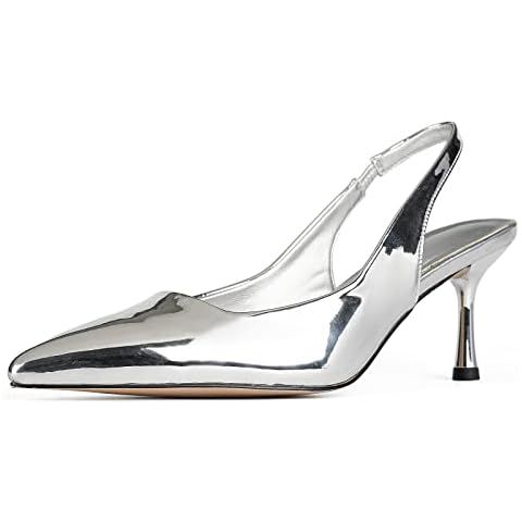 DREAMCIA Slingback Pumps Shoes Metallic Silver Shoes for Women with Pointed Toe | Amazon (US)