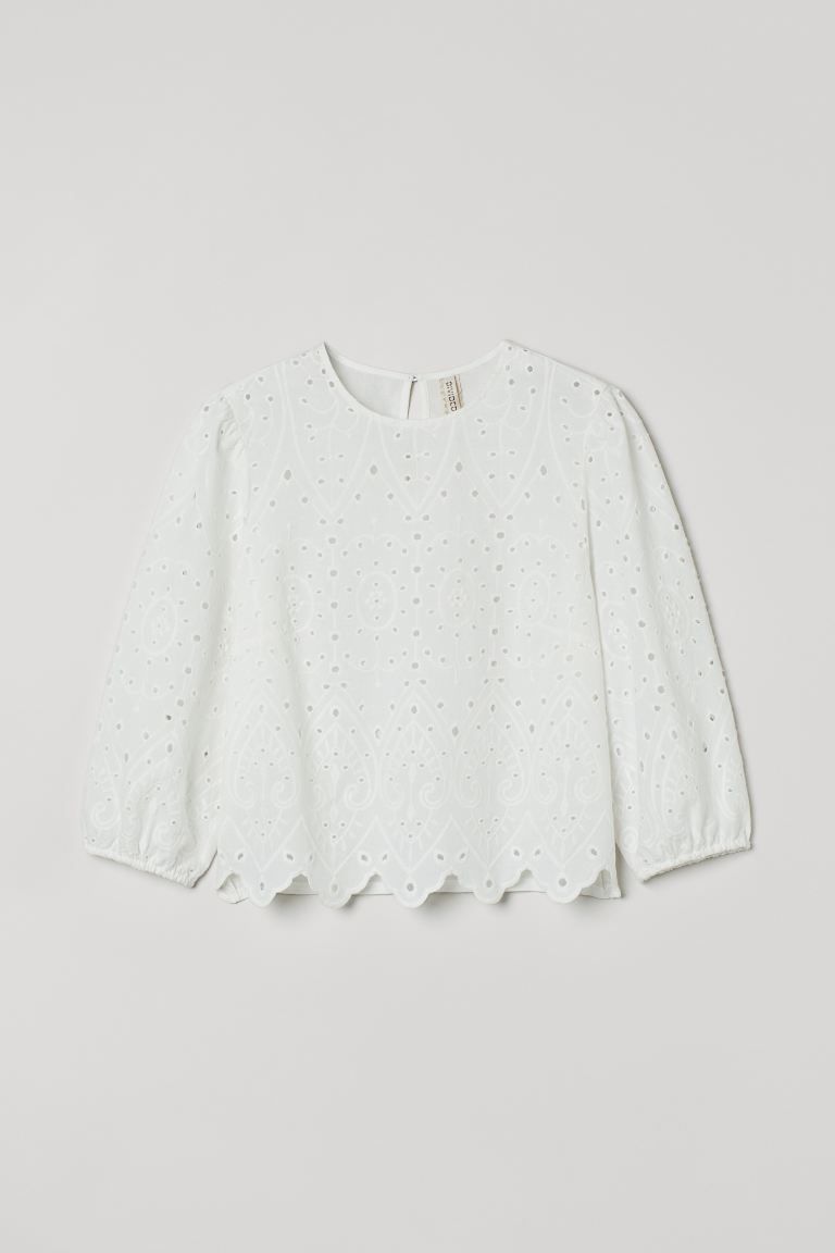Boxy blouse in airy cotton with eyelet embroidery. Small stand-up collar, opening at back of neck... | H&M (US + CA)