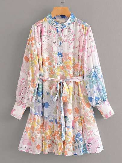 Floral Print Ruffle Hem Belted Dress | SHEIN