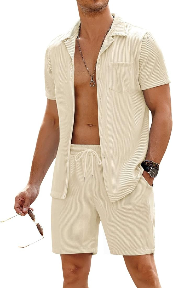 COOFANDY Men's 2 Pieces Shirt Sets Short Sleeve Casual Button Down Hippie T-Shirts Shorts Sets Su... | Amazon (US)