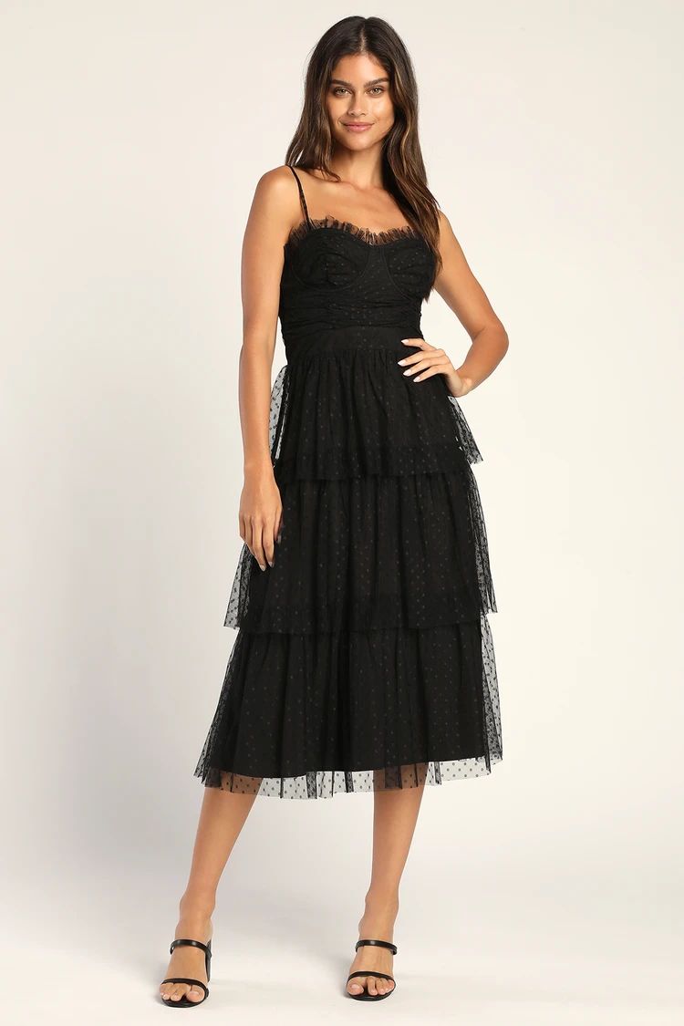 Sweetheart Style Black Polka Dot Bustier Midi Dress | Lulus