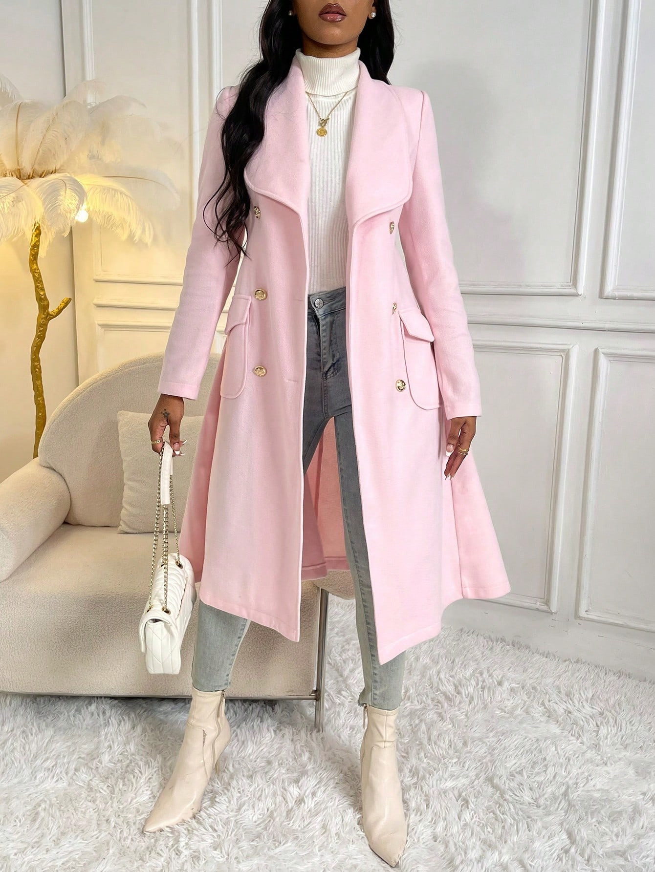 SHEIN LUNE Shawl Collar Double Breasted Flap Pocket Overcoat | SHEIN