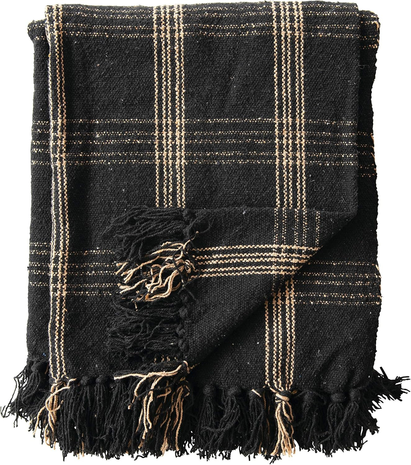 Creative Co-op DF3609 Plaid Black & Tan Fringed Woven Cotton Blend Throw, Black | Amazon (US)