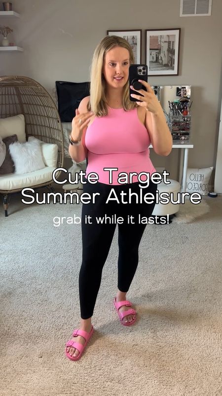 ADORABLE neon and neutral built in bra tanks from Target! They match their vibrant birk-alike silicone sandals that are perfect for by the pool summer outfits.

#LTKMidsize #LTKVideo #LTKActive