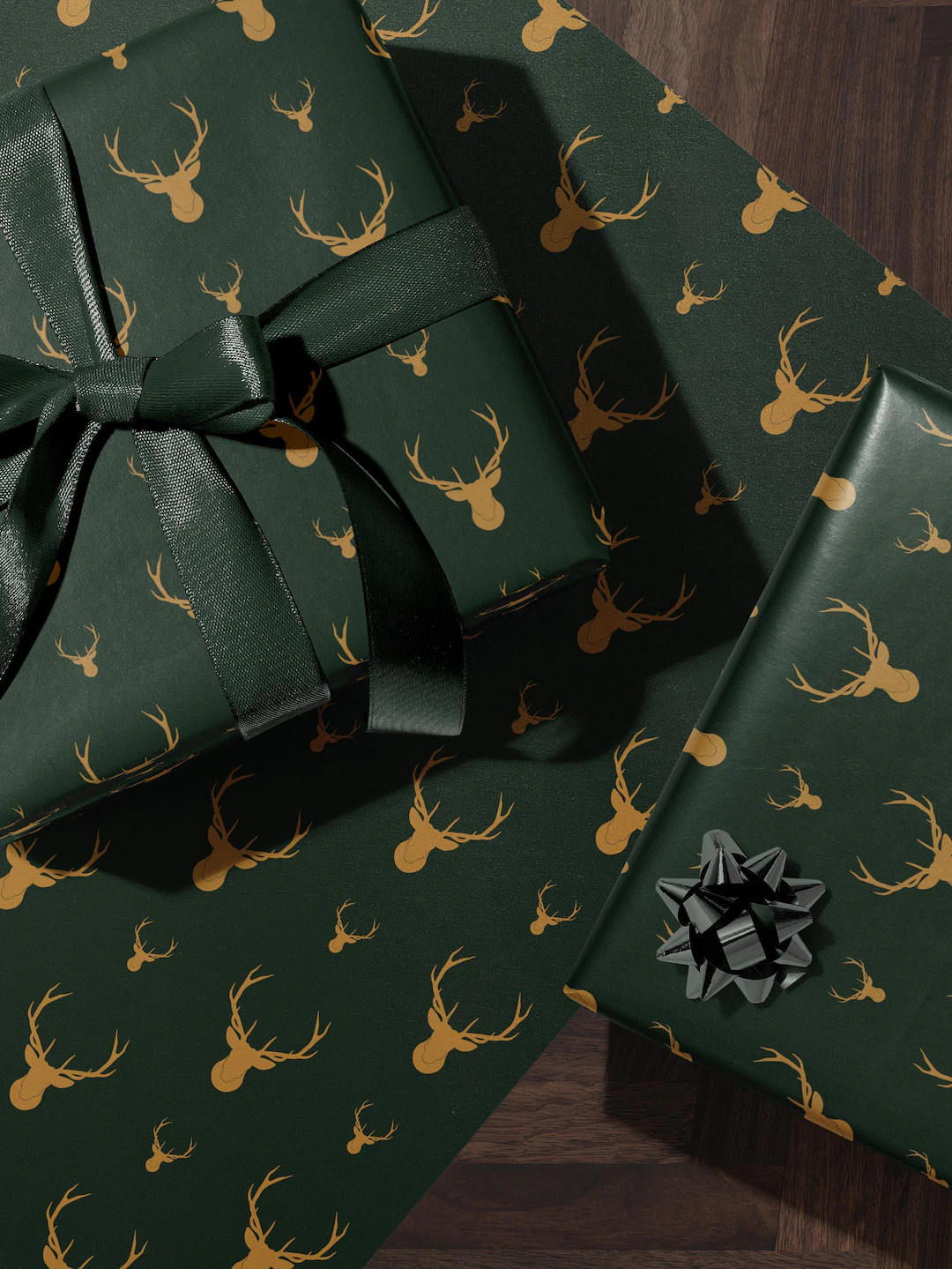 Gold Deer Wrapping Paper Holiday Gift Wrap Christmas Reindeer Wrapping Paper Deer Print Green Wra... | Etsy (US)