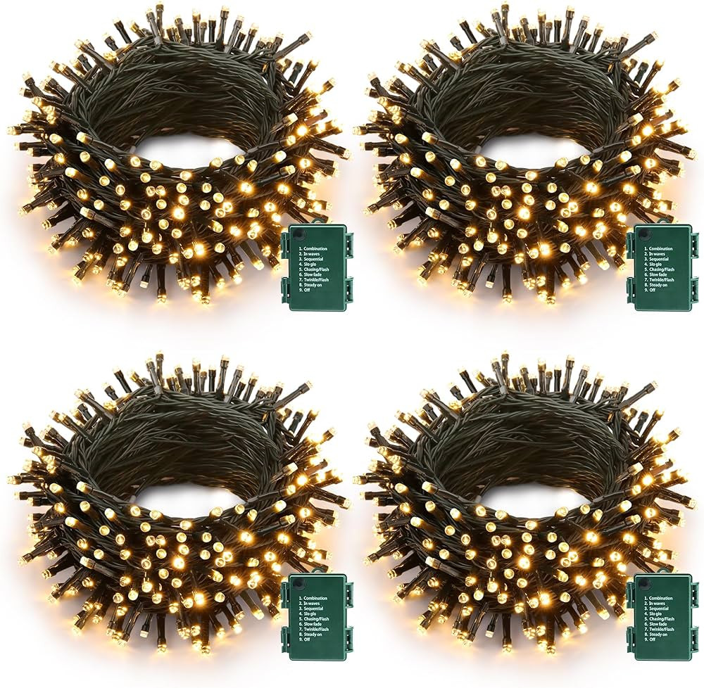 Battery Operated Christmas Lights - 4 Pack Total 66ft 200 LED Battery String Lights 8 Modes Water... | Amazon (US)