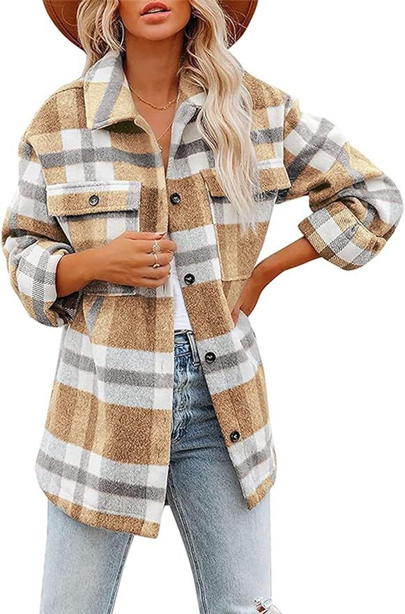 Haellun Women's Casual Button Down Long Sleeve Plaid Wool Blend Shirts Jacket Shackets | Amazon (US)