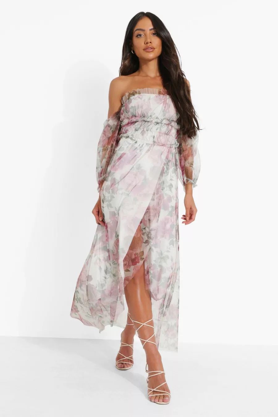 Floral Mesh Ruched Maxi Dress | Boohoo.com (US & CA)