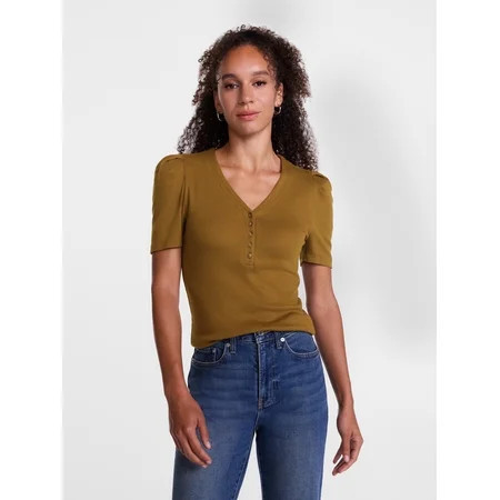 Scenario Women's V-Neck Henley Top with Short Puff Sleeves, Sizes XS-XXXL | Walmart (US)