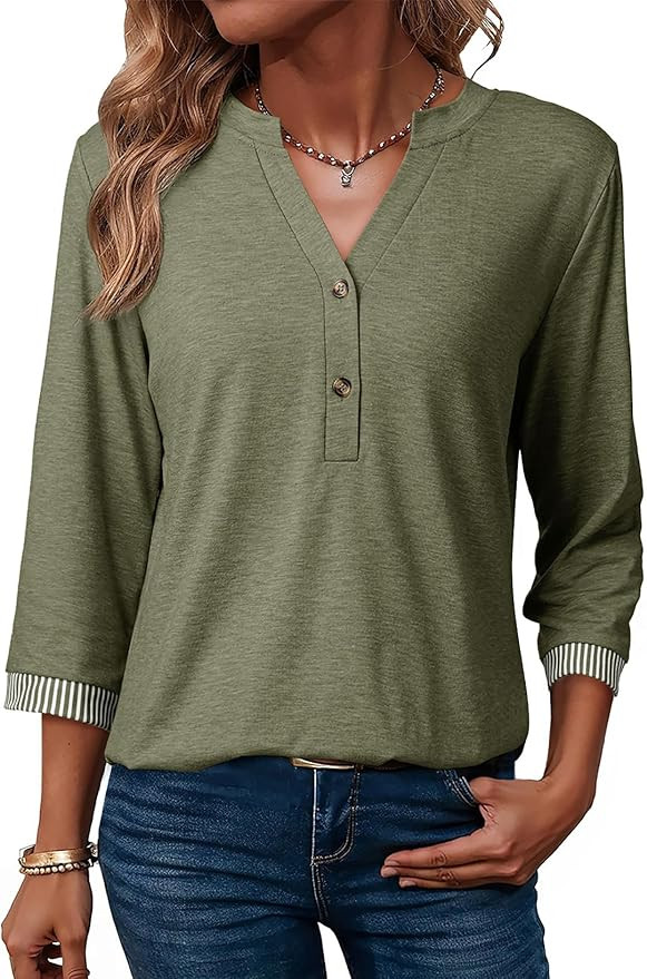 Dokotoo Womens Tops Spring Summer 3/4 Length Sleeve Fashion T-Shirts V Neck Button Down Dressy Ca... | Amazon (US)