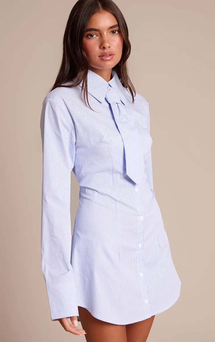 Blue PrettyLittleThing Pinstripe Tie Detail Button Down Shirt Dress | Boohoo USA | boohoo (US & Canada)
